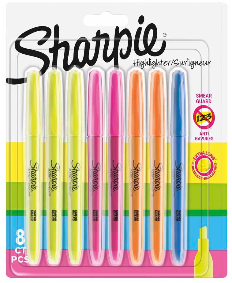 Sharpie Accent Pocket Highlighters - Assorted Colours (Blister of 8)