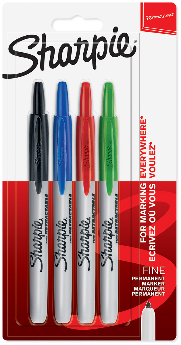 Sharpie Retractable Marker Pens - Assorted Colours (Blister of 4)