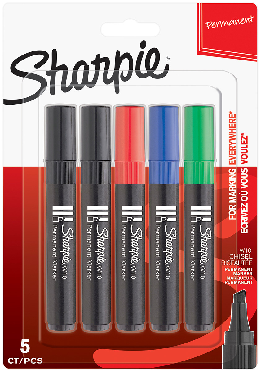 Sharpie W10 Marker Pens - Chisel Tip - Assorted Colours (Blister of 5)