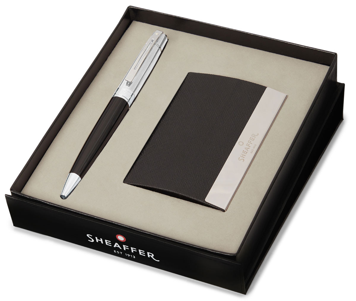 Sheaffer 100 Ballpoint Pen Gift Set - Gloss Black Chrome Trim with Business Card Holder