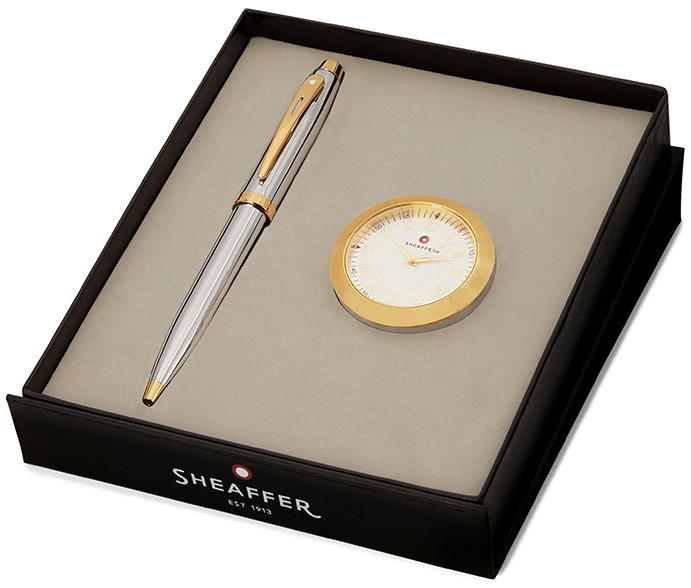 Sheaffer 100 Ballpoint Pen Gift Set - Bright Chrome Gold Trim with Table Clock