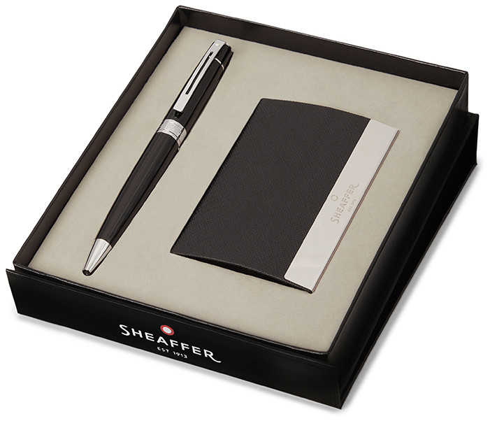Sheaffer 300 Ballpoint Pen Gift Set - Gloss Black Chrome Trim with Business Card Holder