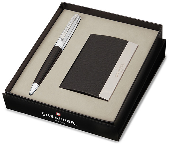 Sheaffer 300 Ballpoint Pen Gift Set - Gloss Black & Chrome with Business Card Holder