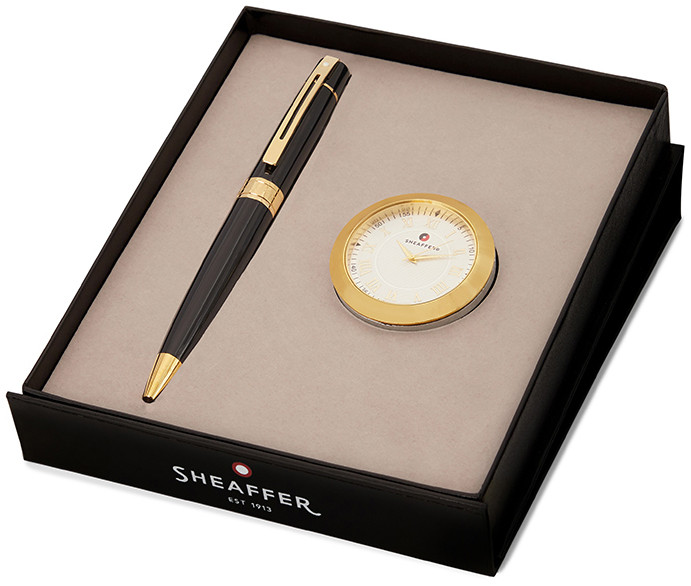 Sheaffer 300 Ballpoint Pen Gift Set - Gloss Black Gold Trim with Table Clock