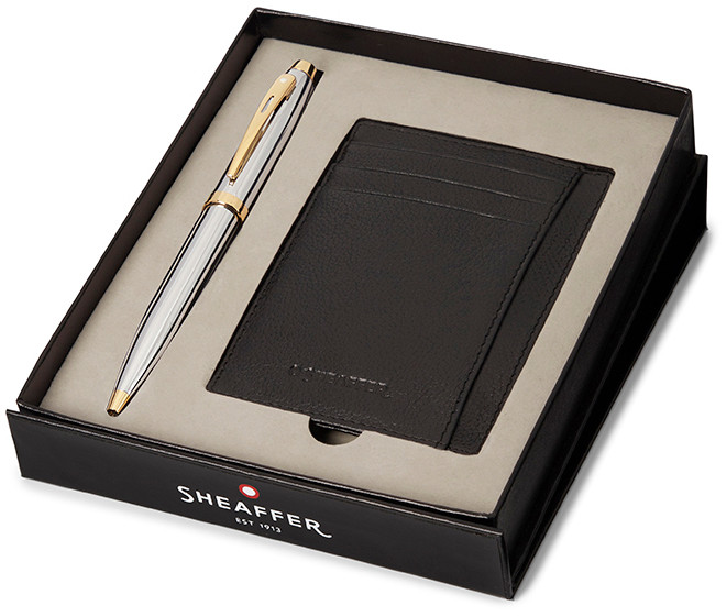 Sheaffer 300 Ballpoint Pen Gift Set - Bright Chrome Gold Trim with Credit Card Holder