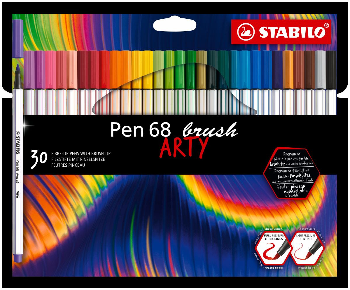 STABILO Pen 68 Fibre Tip Brush Pen - ARTY - Wallet of 30 - Assorted Colours, 568/30-21-20