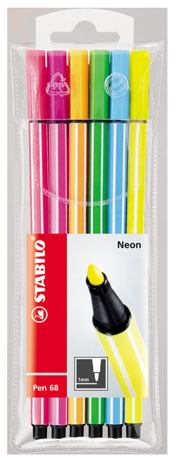 STABILO Pen 68 Fibre Tip Pen - Assorted Neon Colours (Pack of 6)