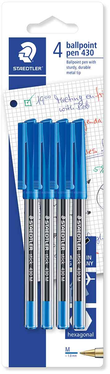 Staedtler 430 Stick Ballpoint Pen  - Medium - Blue (Pack of 4)