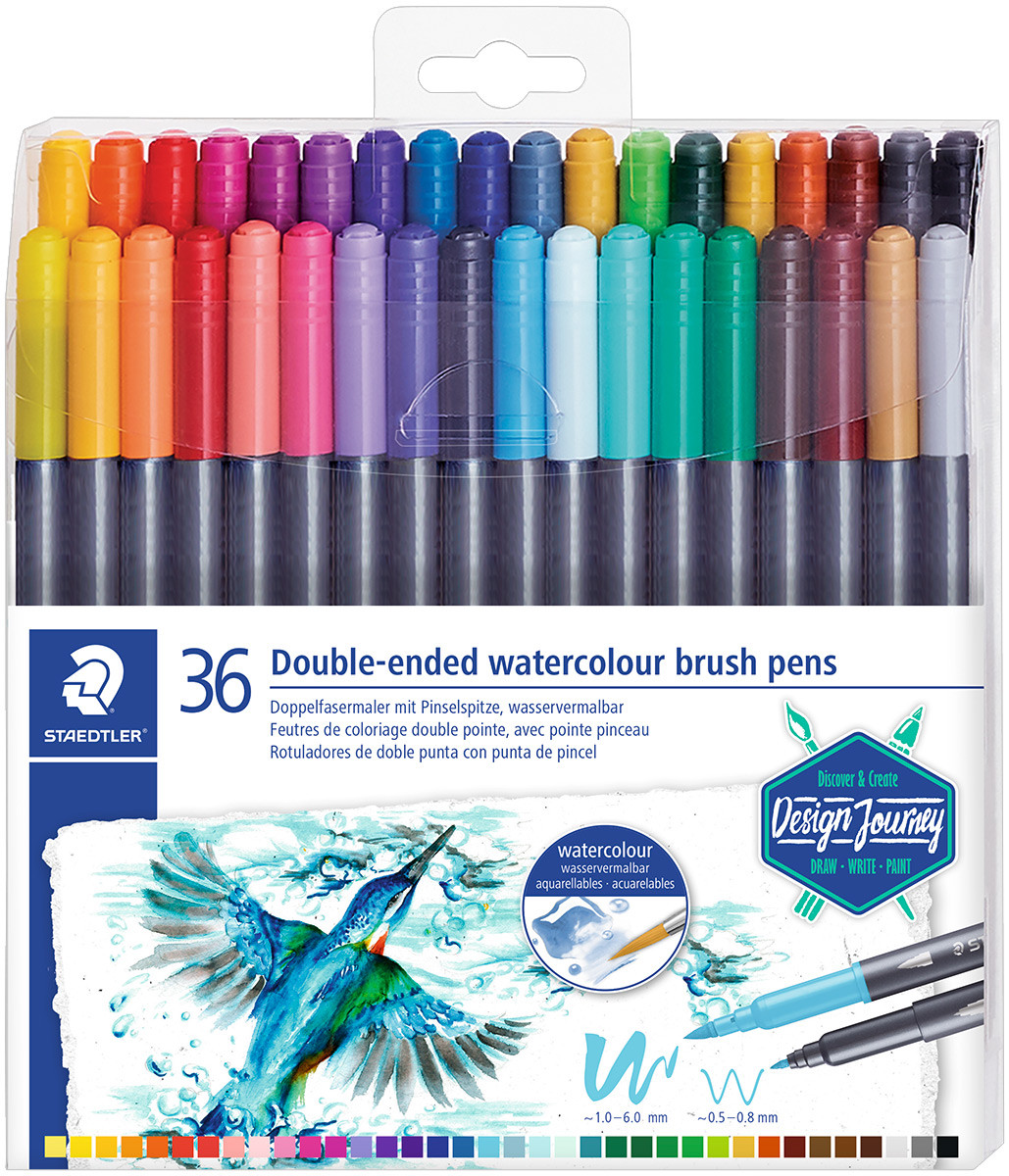 Staedtler Double Ended Watercolour Brush Pen - Assorted Colours (Pack of 36)