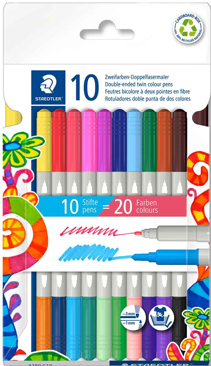 Staedtler Double-Ended Fibre Tip Pens - Assorted Colours (Pack of 10)