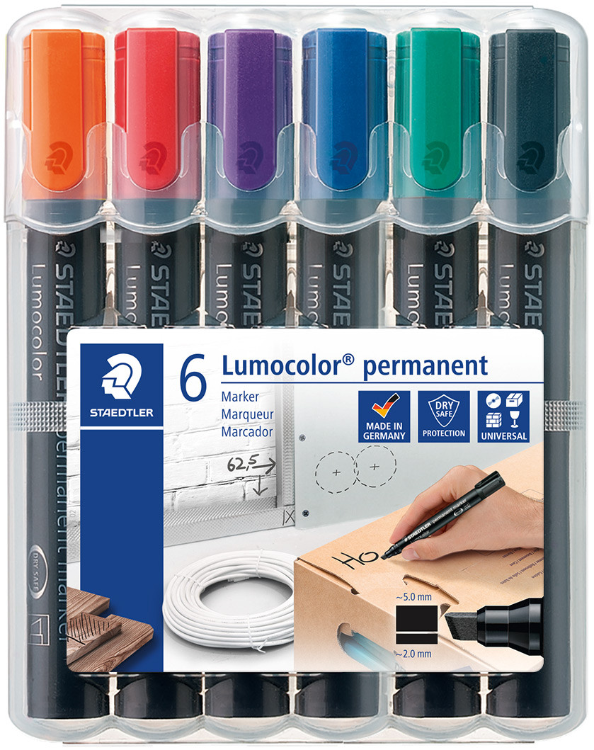 Staedtler Lumocolor Permanent Markers - Chisel Tip - Assorted Colours (Pack of 6)