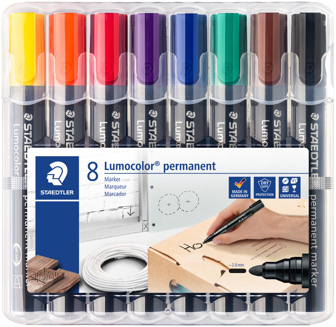 Staedtler Lumocolor Permanent Markers - Bullet Tip - Assorted Colours (Pack of 8)