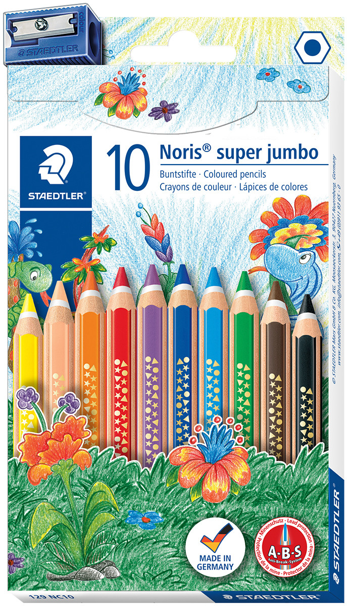 Staedtler Noris Club Super Jumbo Coloured Pencils with Sharpener - Assorted Colours (Pack of 10)