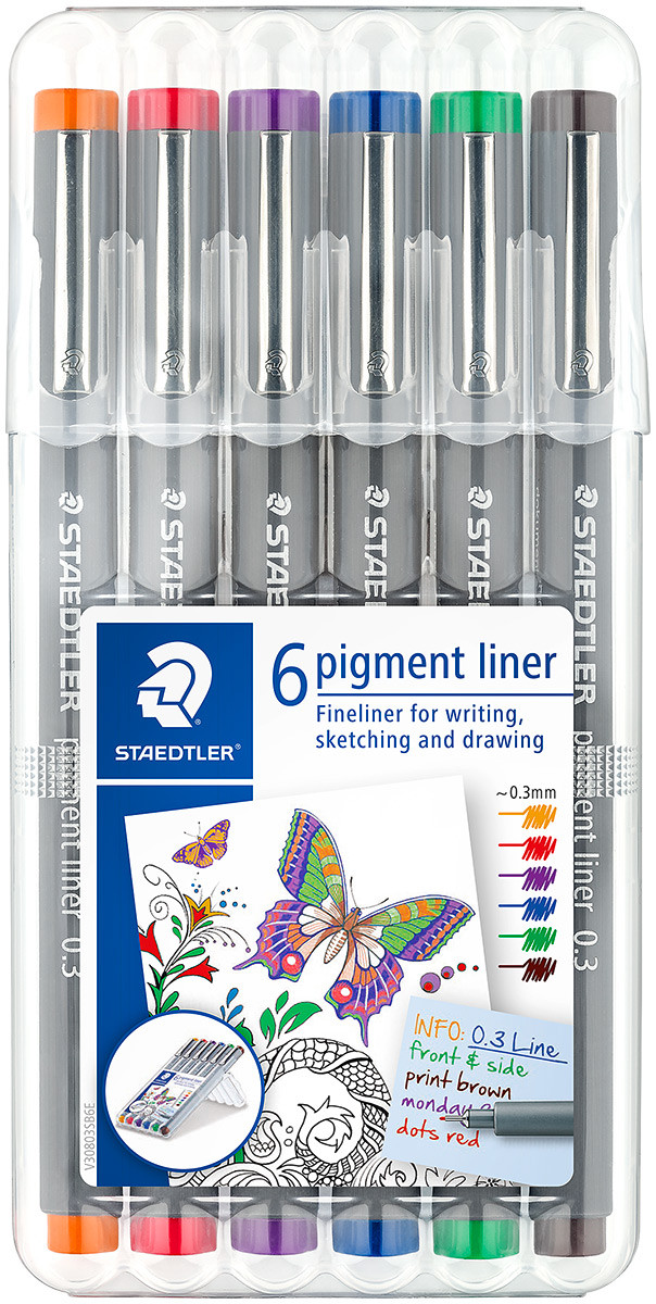 Staedtler Pigment Liner - 0.3mm - Assorted Colours (Pack of 6)