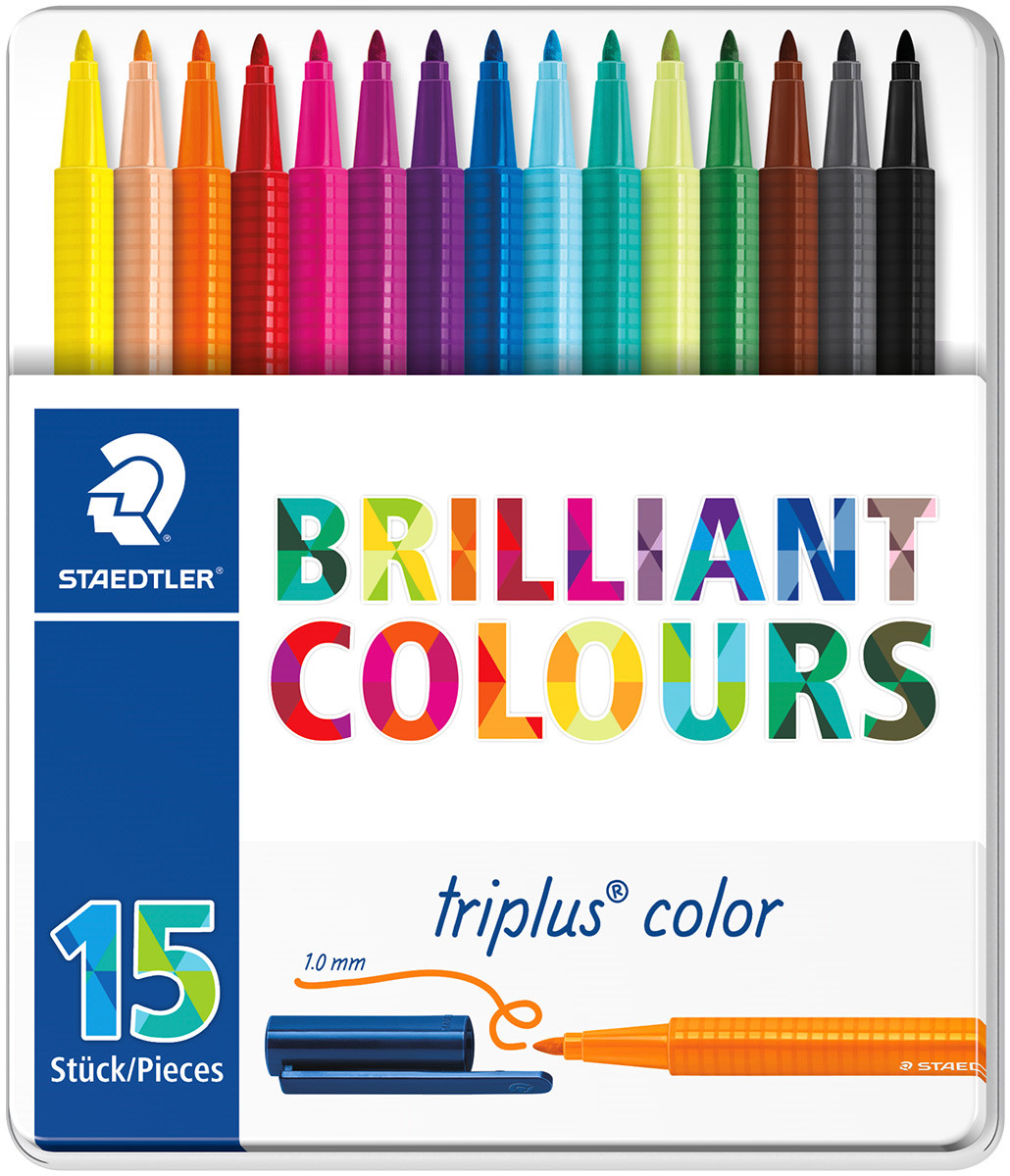 Staedtler Triplus Triangular Fibre Tip Pens - Assorted Colours (Tin of 15)