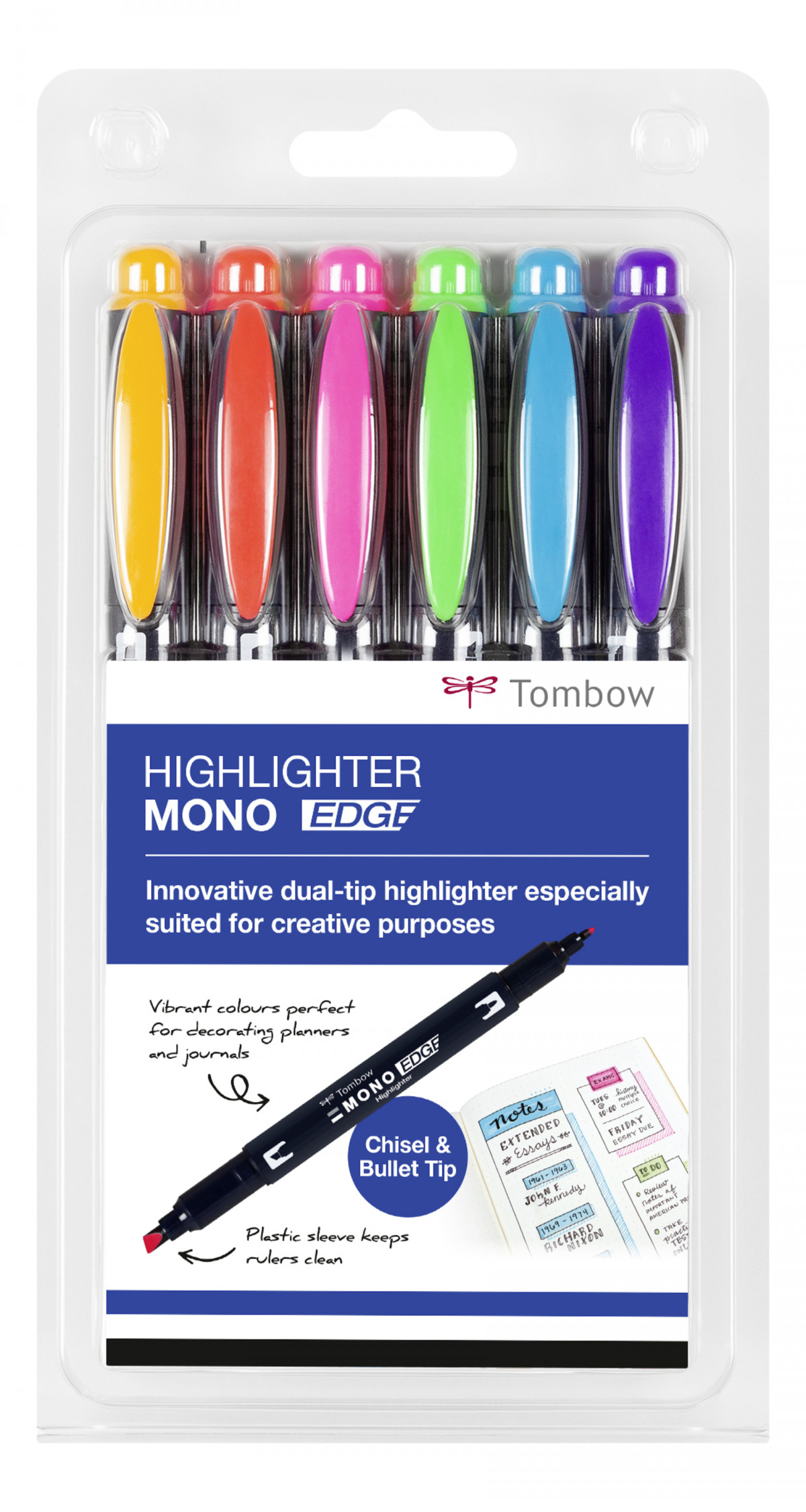 Tombow Mono Edge Highlighters - Assorted Colours (Pack of 6)