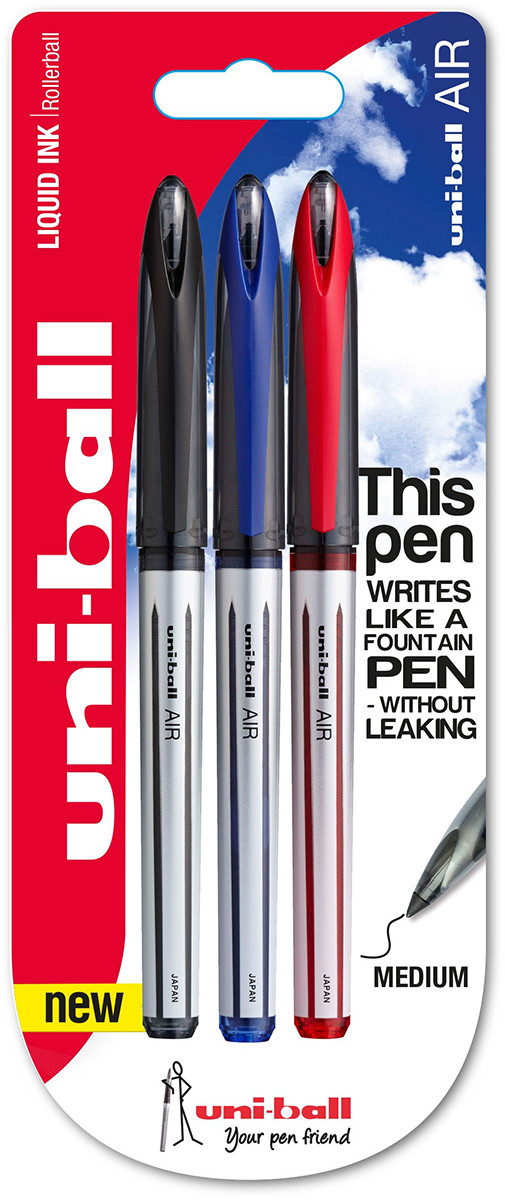 Uni-Ball UBA-188-L-AIR Rollerball Pens - Assorted Colours (Blister of 3)