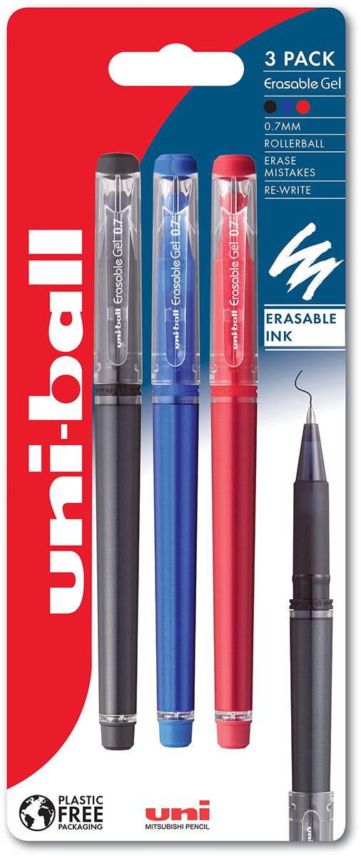 Uni-Ball UF-222-07 Eraseable Capped Gel Pen - Assorted Colours (Pack of 3)