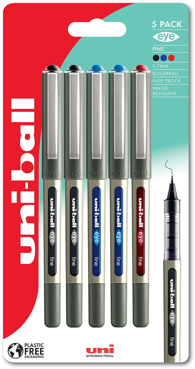 Uni-Ball UB-157 Eye Medium Liquid Ink Rollerball Pens - Assorted Colours (Blister of 5)