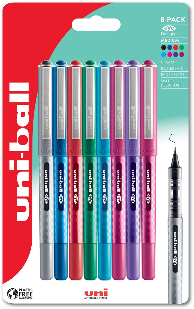 Uni-Ball UB-157D Eye Designer Rollerball Pens - Assorted Colours (Blister of 8)