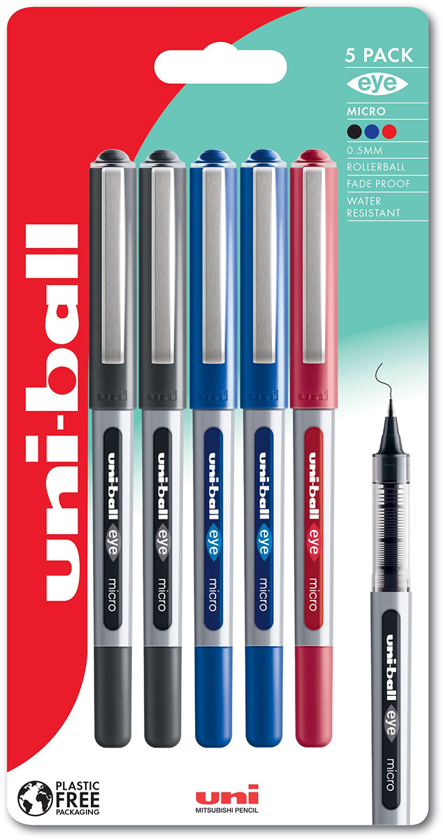 Uni-Ball UB-150 Eye Micro Liquid Ink Rollerball Pens - Assorted Colours (Blister of 5)
