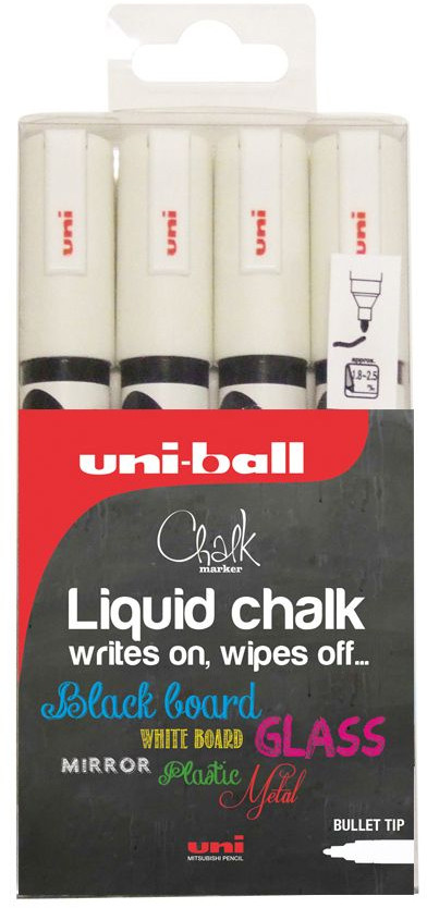 Uni-Ball PWE-5M ChalkGlass Markers - Bullet Tip - White (Pack of 4)