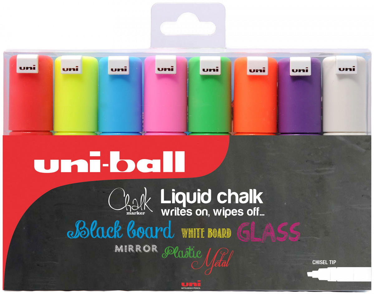 Uni-Ball PWE-8K ChalkGlass Markers - Chisel Tip - Assorted Colours (Pack of 8)
