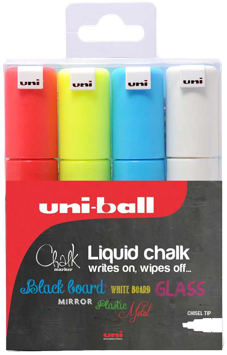 Uni-Ball PWE-8K ChalkGlass Markers - Chisel Tip - Assorted Colours (Pack of 4)