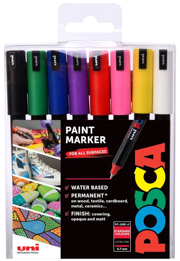POSCA PC-1MR Ultra Fine Bullet Tip Marker Pens - Starter Colours (Pack of 8)