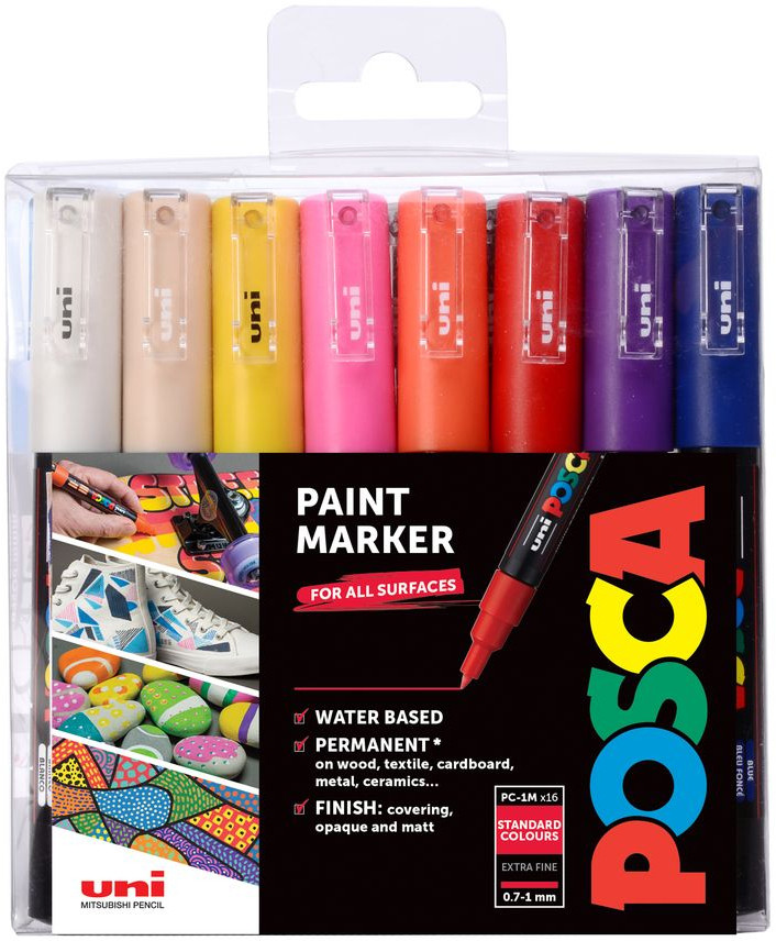 Uni-Ball PC-1M Posca Extra-Fine Bullet Tip Marker Pens - Assorted Colours (Pack of 16)