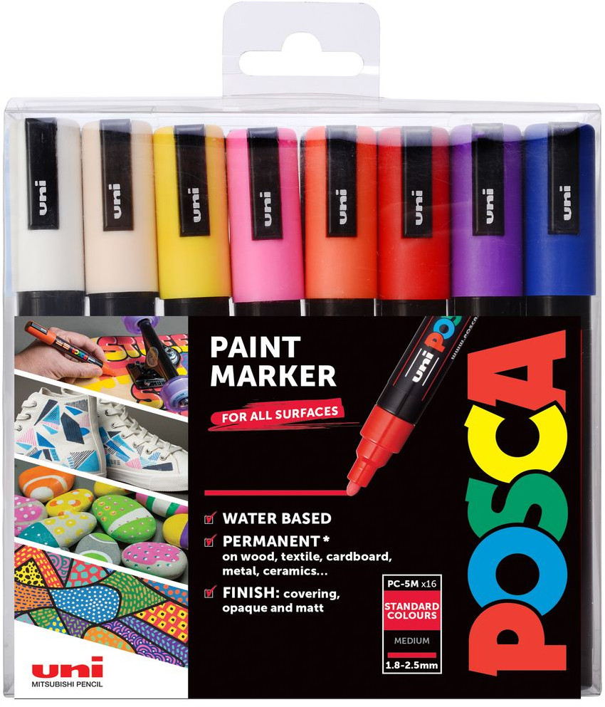 POSCA PC-5M Medium Bullet Tip Marker Pens - Assorted Colours (Pack of 16)