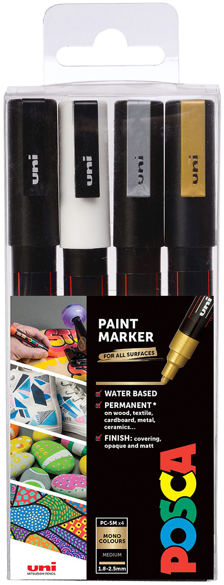 Uni-Ball PC-3M Posca Fine Bullet Tip Marker Pens - Mono Tone Colours (Pack of 4)