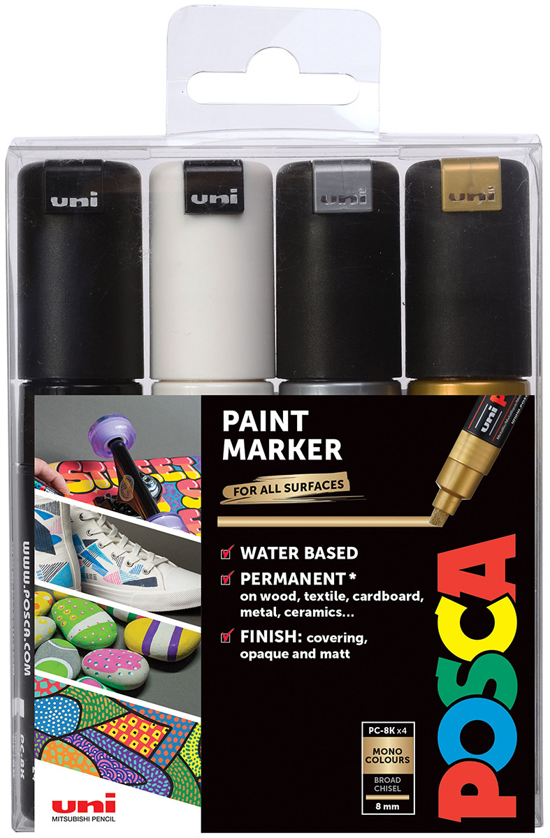 POSCA PC-8K Broad Chisel Tip Marker Pens - Mono Tone Colours (Pack of 4)