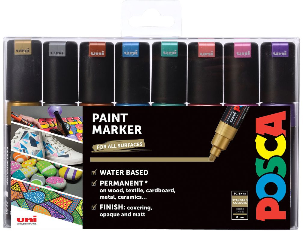 POSCA PC-8K Broad Chisel Tip Marker Pens - Metallic Colours (Pack of 8)