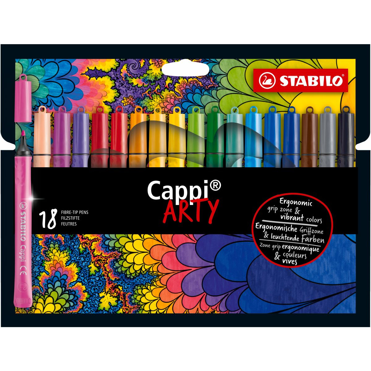 STABILO Cappi ARTY Fibre Tip Pen - Wallet of 18 - Assorted Colours + 2  cap-rings, 168/18-1-20