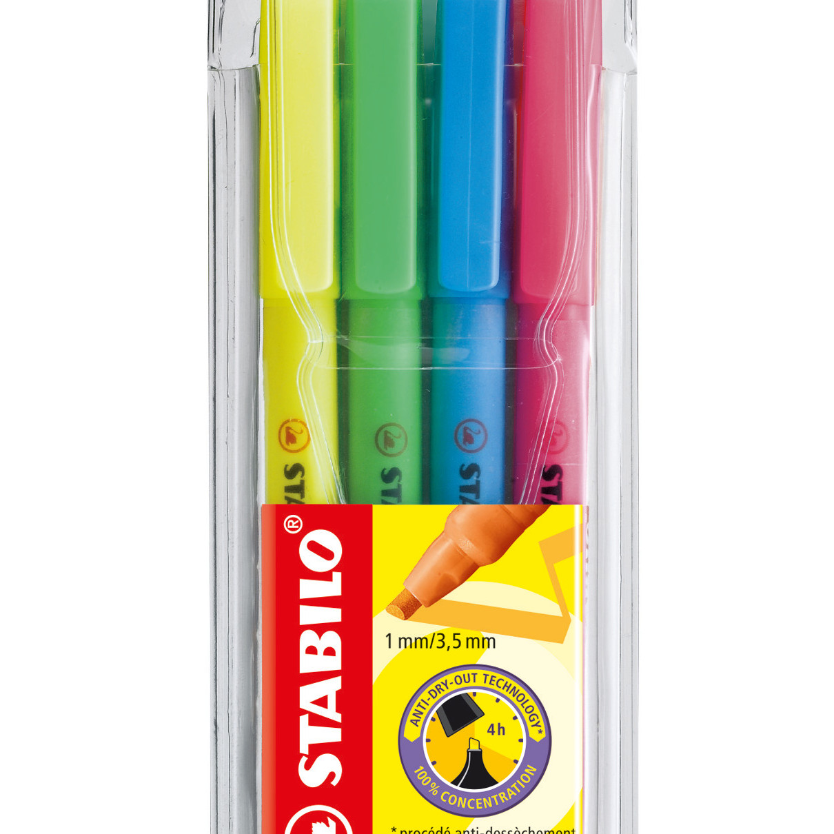STABILO flash Highlighter - Wallet of 4 - Assorted Colours