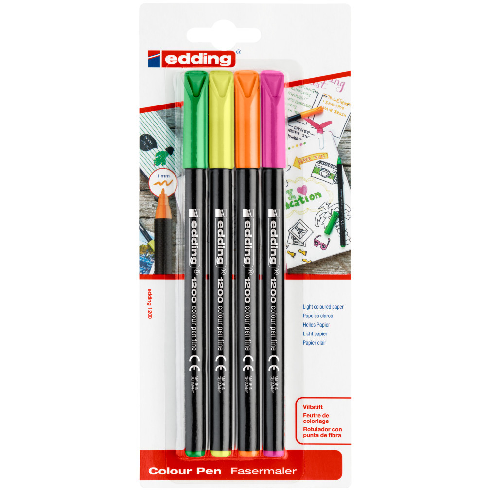 Edding 1200 Fibre Tip Pens - Assorted Neon Colours (Blister of 4), 4-1200-4-1099