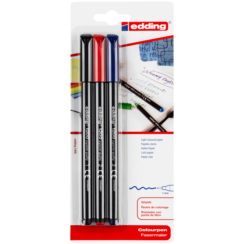 Edding 1200 Fibre Tip Pens - Assorted Colours (Blister of 3), 4-1200-3-1999