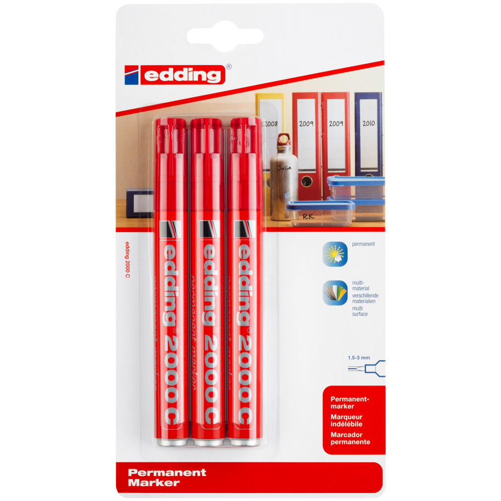 Edding 2000 Permanent Markers - Red (Blister of 3)
