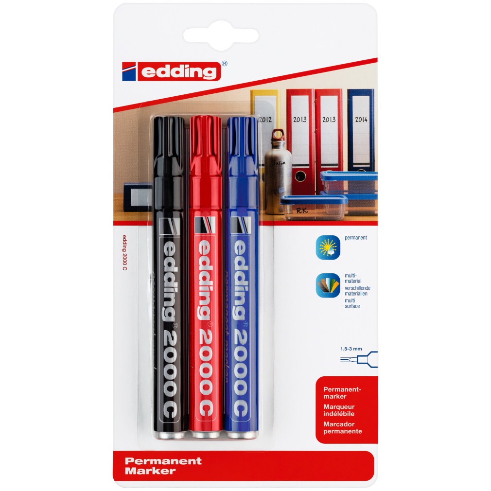 Edding 2000 Permanent Markers - Assorted Colours (Blister of 3)