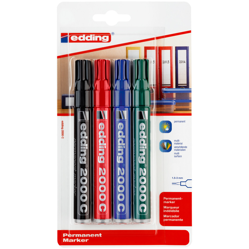 Edding 2000 Permanent Markers - Assorted Colours (Blister of 4)
