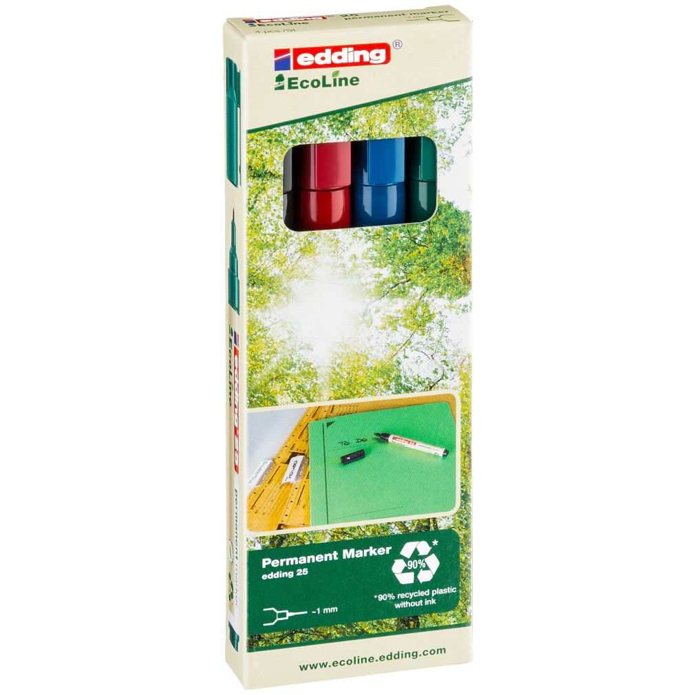 Edding 25 EcoLine Permanent Markers - Assorted Colours (Pack of 4)