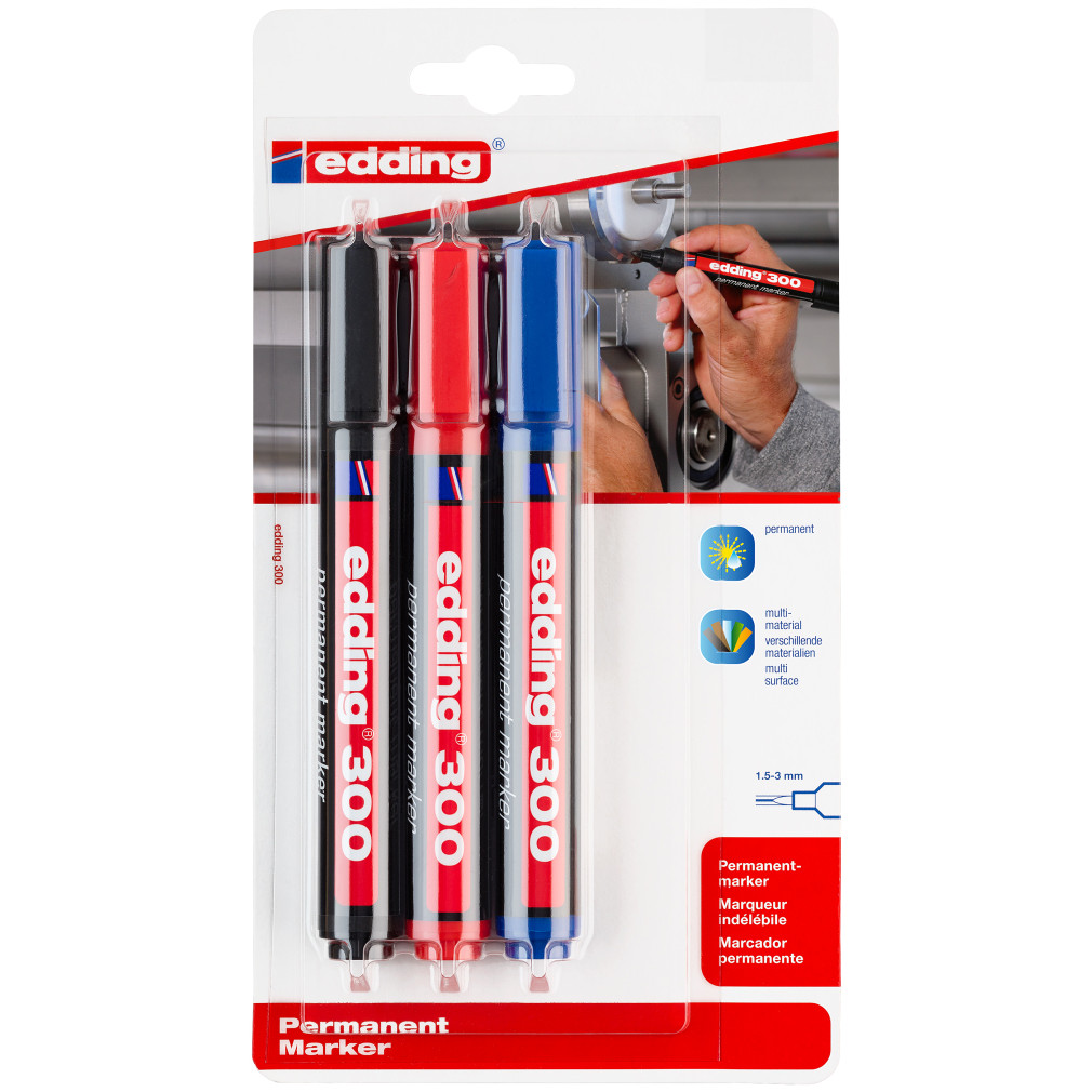 Edding 300 Permanent Markers - Assorted Colours (Blister of 3)