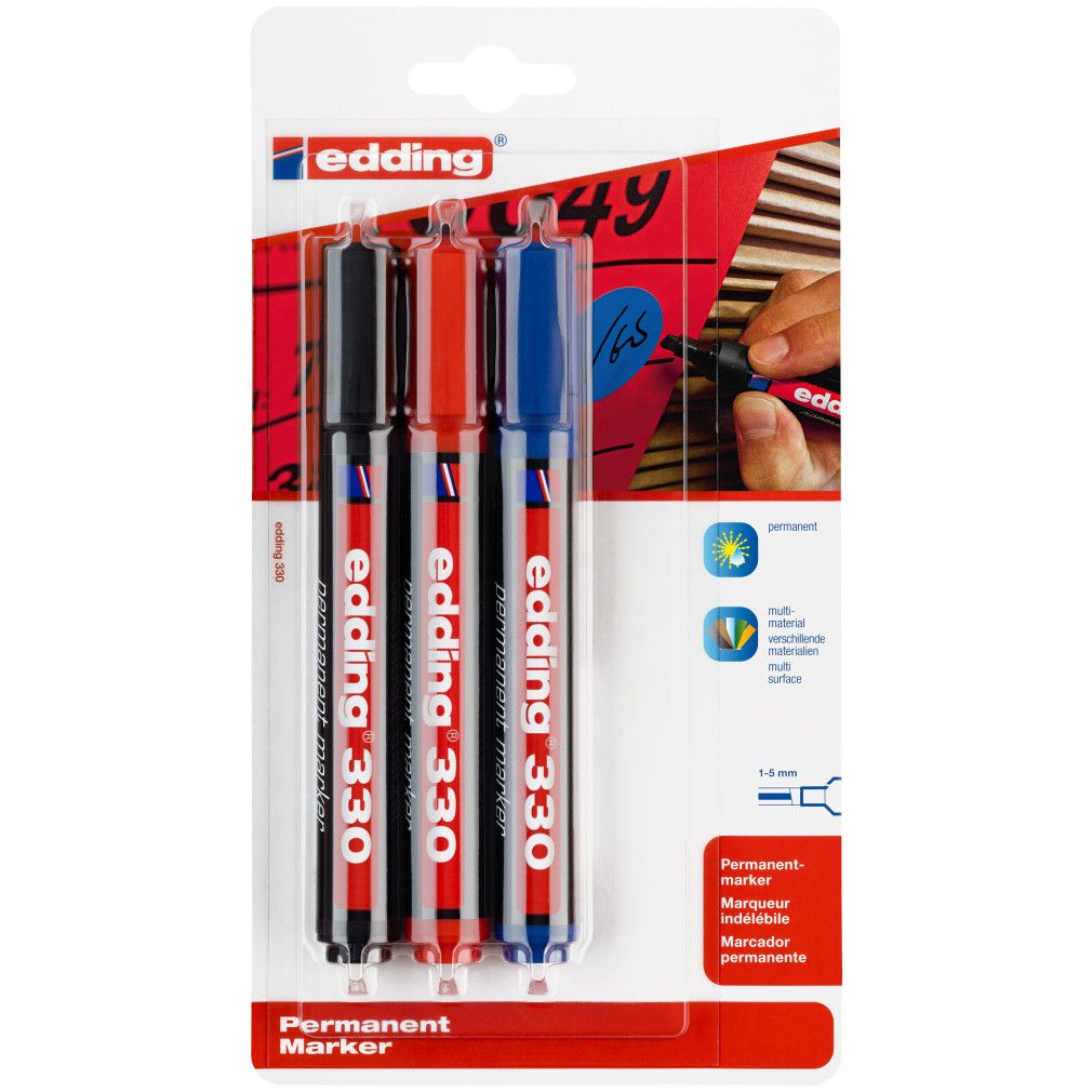 Edding 330 Permanent Markers - Assorted Colours (Blister of 3)