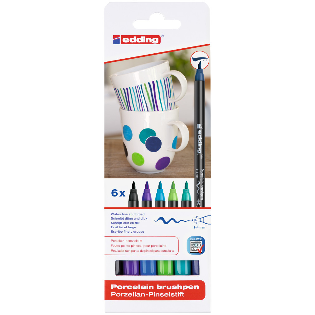 Edding 4200 Porcelain Brush Pens - Assorted Cool Colours (Blister of 6)