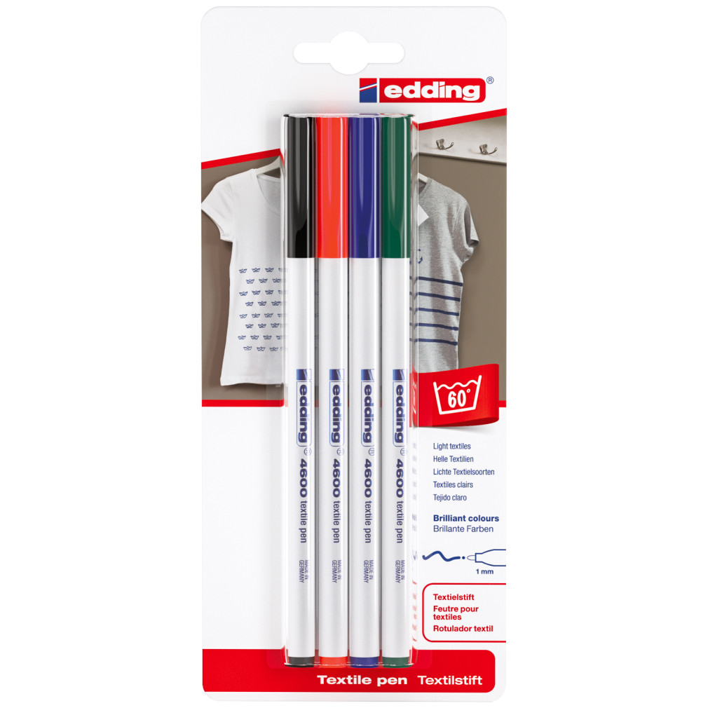 Edding 4600 Textile Pens - Assorted Basic Colours (Blister of 4)