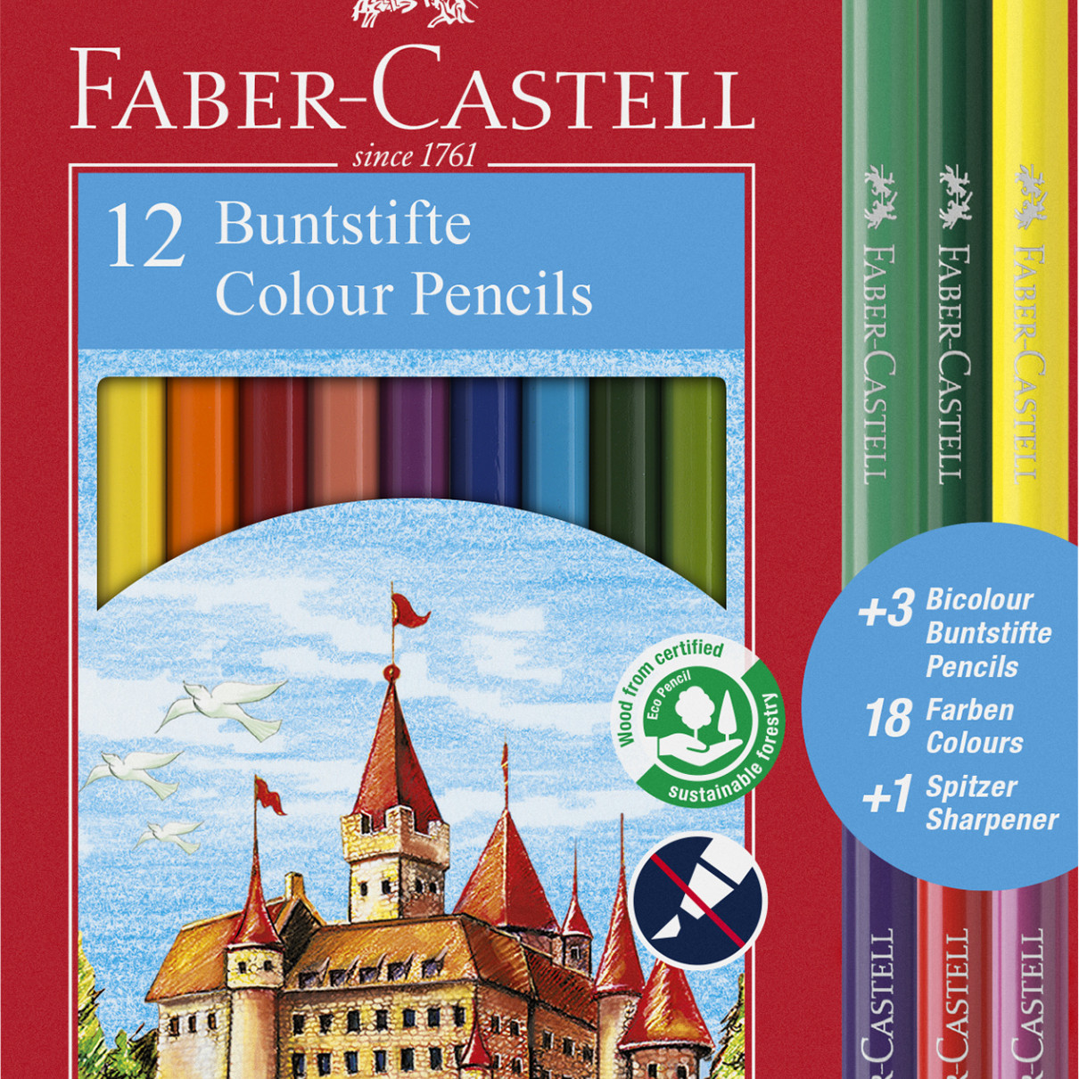 Faber-Castell Classic Colour Pencils - Set of 12 + 3 Bicolour Pencils + Sharpener