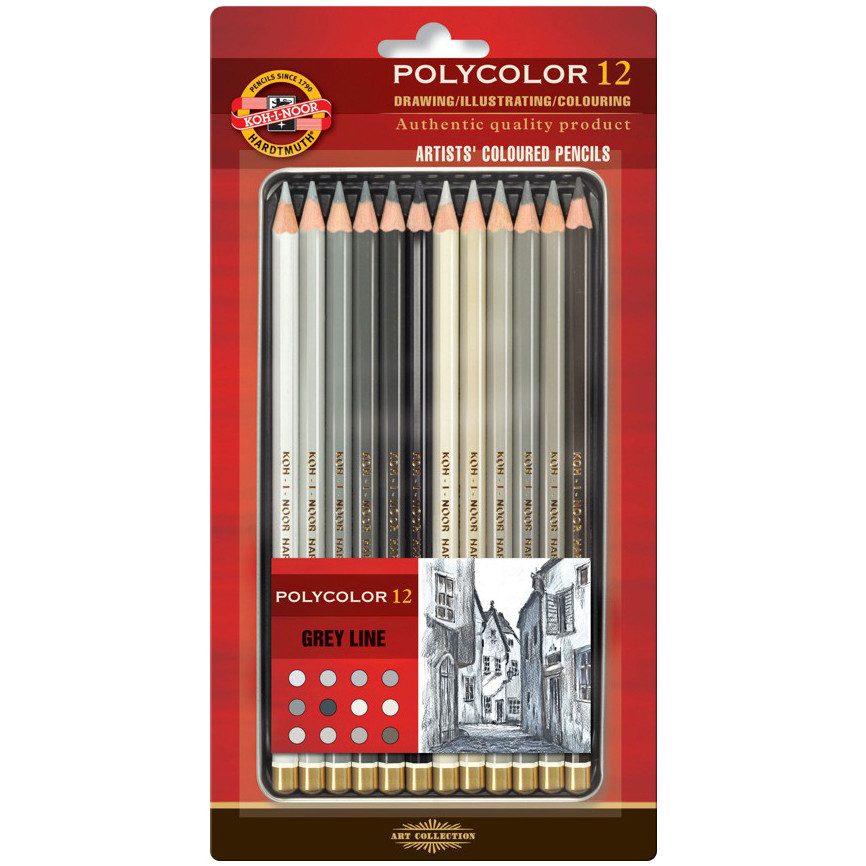 Koh-I-Noor 3822 Coloured Pencils - Assorted Grey Colours (Blister Tin of 12)