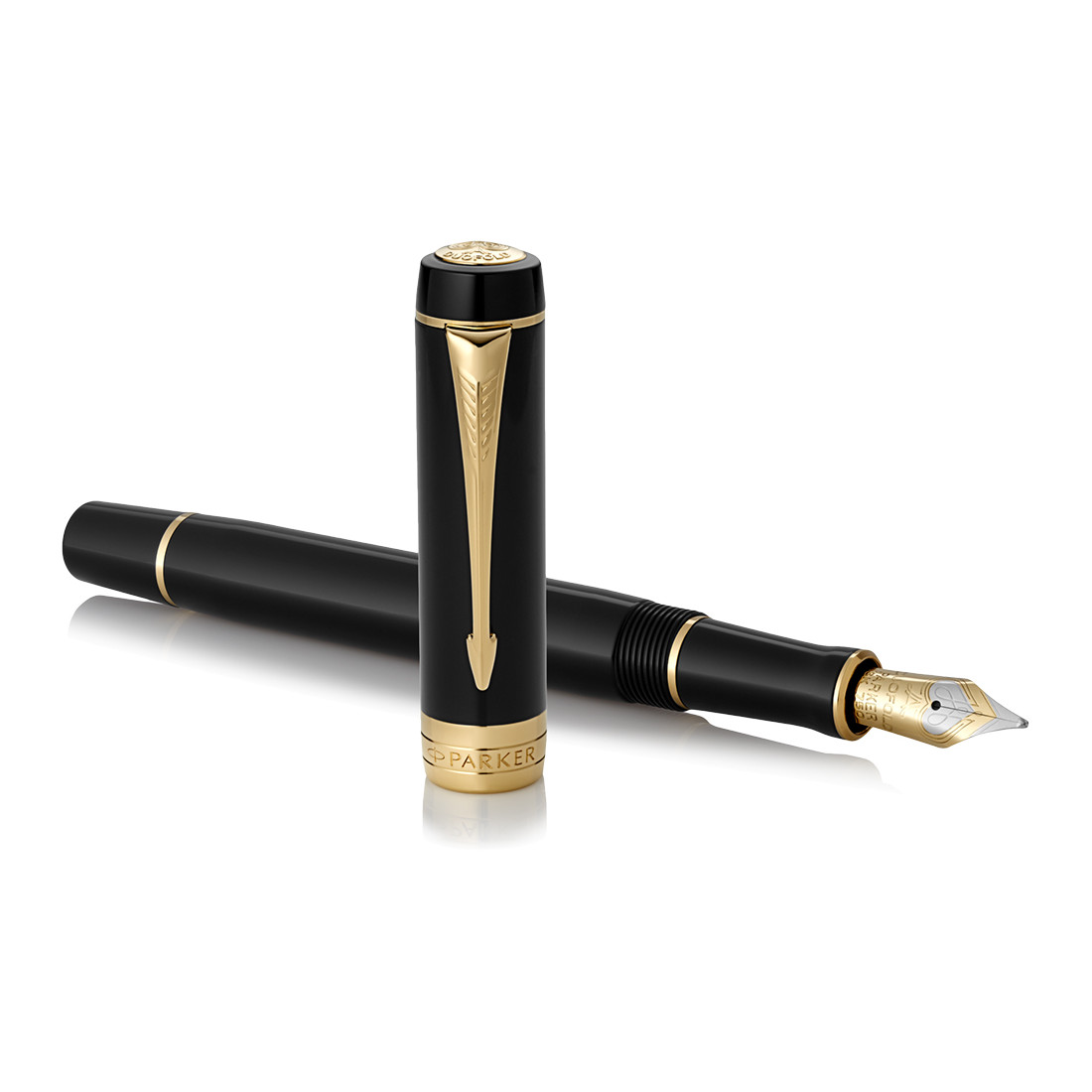 PARKER Duofold International Fountain Pen, Classic Black with Gold Trim,  Medium Solid Gold Nib, Black Ink and Convertor (1931384) : :  Office Products