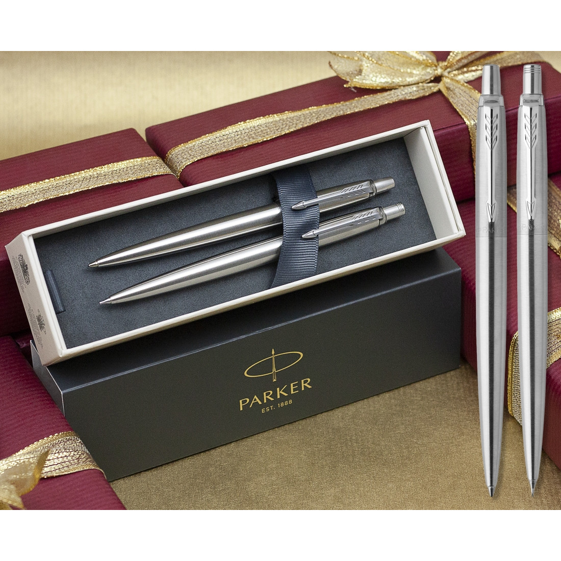 Parker Jotter Stainless Steel Gold Trim Ballpoint & Fountain Pen Set